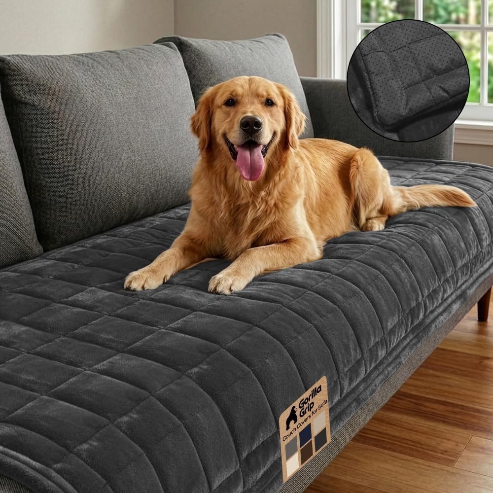 image:imageGORILLA GRIP Slip and Leak Resistant Plush Quilted Sofa Cushion Cover Blanket Soft Couch Covers for Sofa Dogs Machine Washable Furniture Protector Pet Friendly Couches Gray 70x28 InchesDark Gray