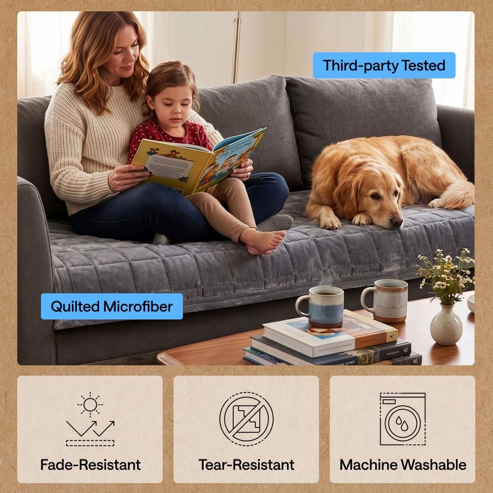 image:imageGORILLA GRIP Slip and Leak Resistant Plush Quilted Sofa Cushion Cover Blanket Soft Couch Covers for Sofa Dogs Machine Washable Furniture Protector Pet Friendly Couches Gray 70x28 InchesGrey