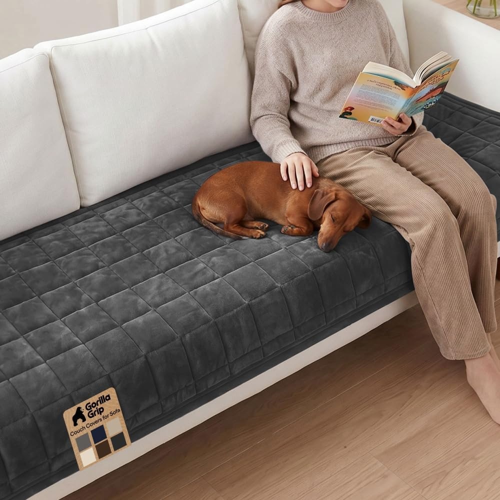 image:imageGORILLA GRIP Slip and Leak Resistant Plush Quilted Sofa Cushion Cover Blanket Soft Couch Covers for Sofa Dogs Machine Washable Furniture Protector Pet Friendly Couches Gray 70x28 InchesDark Gray