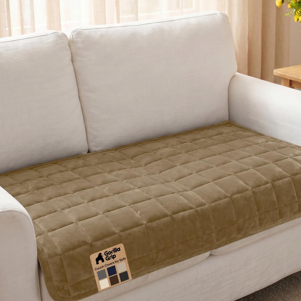 image:imageGORILLA GRIP Slip and Leak Resistant Plush Quilted Sofa Cushion Cover Blanket Soft Couch Covers for Sofa Dogs Machine Washable Furniture Protector Pet Friendly Couches Gray 70x28 InchesBeige
