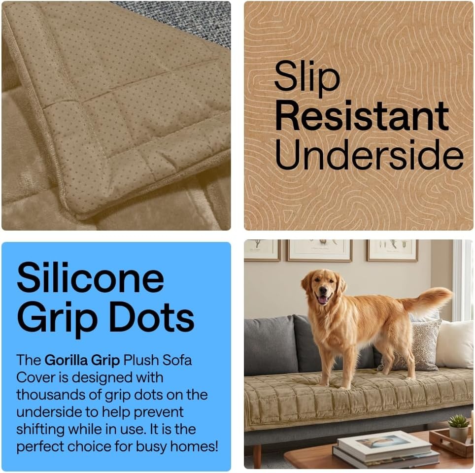 image:imageGORILLA GRIP Slip and Leak Resistant Plush Quilted Sofa Cushion Cover Blanket Soft Couch Covers for Sofa Dogs Machine Washable Furniture Protector Pet Friendly Couches Gray 70x28 InchesBeige