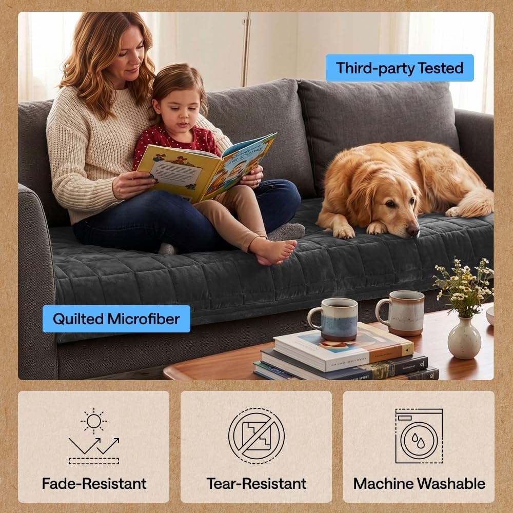image:imageGORILLA GRIP Slip and Leak Resistant Plush Quilted Sofa Cushion Cover Blanket Soft Couch Covers for Sofa Dogs Machine Washable Furniture Protector Pet Friendly Couches Gray 70x28 InchesDark Gray