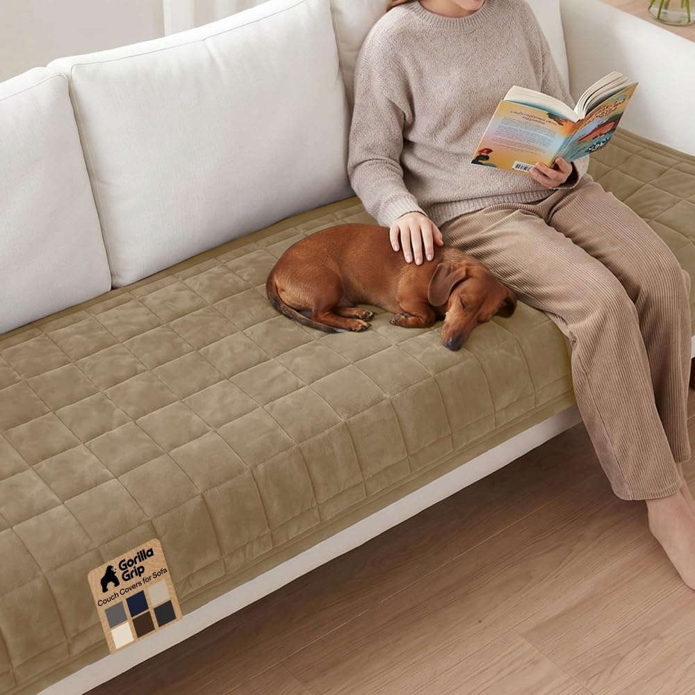 image:imageGORILLA GRIP Slip and Leak Resistant Plush Quilted Sofa Cushion Cover Blanket Soft Couch Covers for Sofa Dogs Machine Washable Furniture Protector Pet Friendly Couches Gray 70x28 InchesBeige