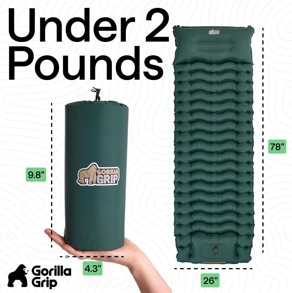 image:imageGORILLA GRIP SlipResistant Inflatable Sleeping Pad with Grip Dots Foot Pump Puncture Resistant Lightweight Camping Mattress Air Mats Travel Backpacking Inflating Bed Camp Sleep Pads Hunter GreenHunter Green