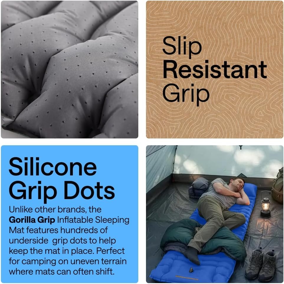 image:imageGORILLA GRIP SlipResistant Inflatable Sleeping Pad with Grip Dots Foot Pump Puncture Resistant Lightweight Camping Mattress Air Mats Travel Backpacking Inflating Bed Camp Sleep Pads Hunter GreenBlue