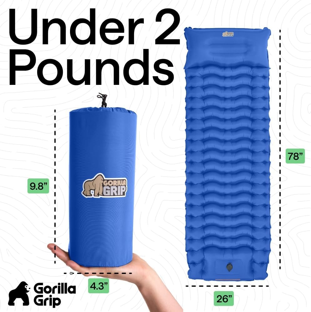 image:imageGORILLA GRIP SlipResistant Inflatable Sleeping Pad with Grip Dots Foot Pump Puncture Resistant Lightweight Camping Mattress Air Mats Travel Backpacking Inflating Bed Camp Sleep Pads Hunter GreenBlue
