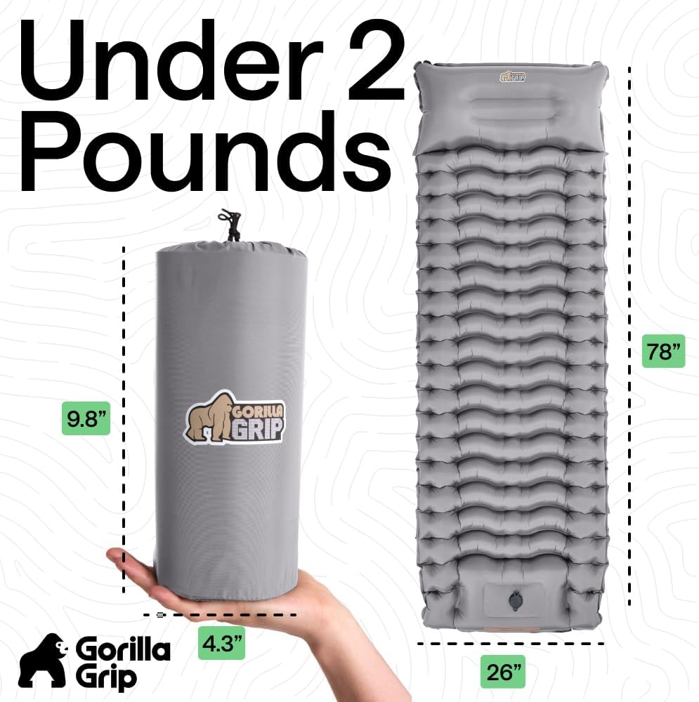 image:imageGORILLA GRIP SlipResistant Inflatable Sleeping Pad with Grip Dots Foot Pump Puncture Resistant Lightweight Camping Mattress Air Mats Travel Backpacking Inflating Bed Camp Sleep Pads Hunter GreenGray