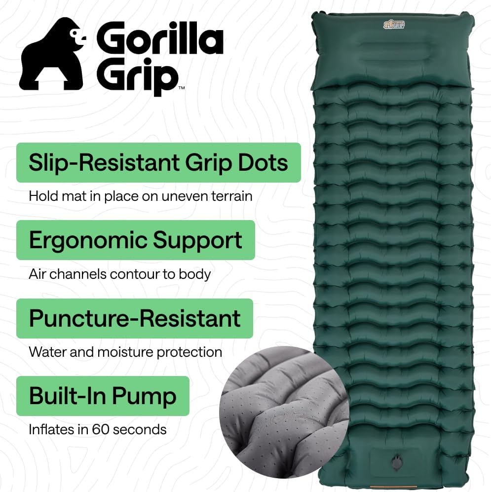 image:imageGORILLA GRIP SlipResistant Inflatable Sleeping Pad with Grip Dots Foot Pump Puncture Resistant Lightweight Camping Mattress Air Mats Travel Backpacking Inflating Bed Camp Sleep Pads Hunter GreenHunter Green