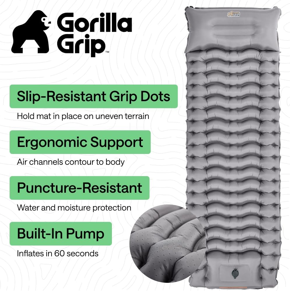 image:imageGORILLA GRIP SlipResistant Inflatable Sleeping Pad with Grip Dots Foot Pump Puncture Resistant Lightweight Camping Mattress Air Mats Travel Backpacking Inflating Bed Camp Sleep Pads Hunter GreenGray