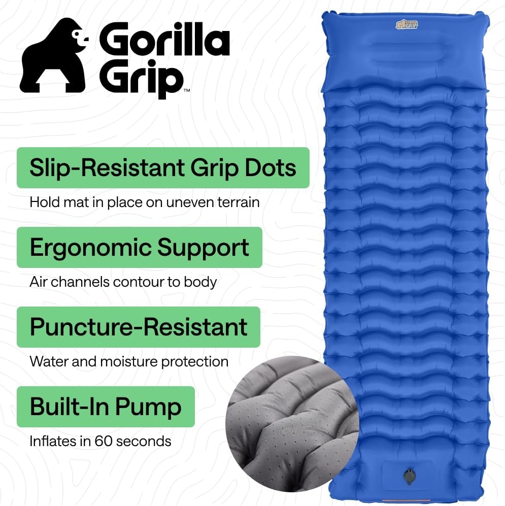 image:imageGORILLA GRIP SlipResistant Inflatable Sleeping Pad with Grip Dots Foot Pump Puncture Resistant Lightweight Camping Mattress Air Mats Travel Backpacking Inflating Bed Camp Sleep Pads Hunter GreenBlue