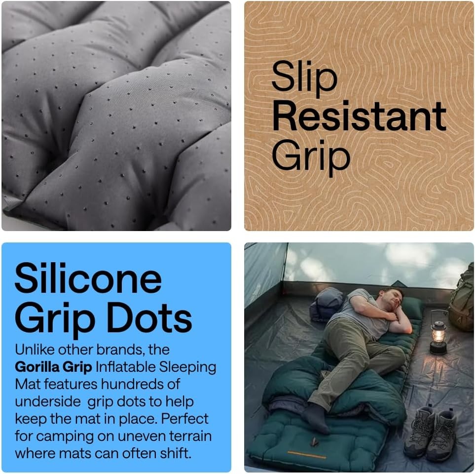 image:imageGORILLA GRIP SlipResistant Inflatable Sleeping Pad with Grip Dots Foot Pump Puncture Resistant Lightweight Camping Mattress Air Mats Travel Backpacking Inflating Bed Camp Sleep Pads Hunter GreenHunter Green