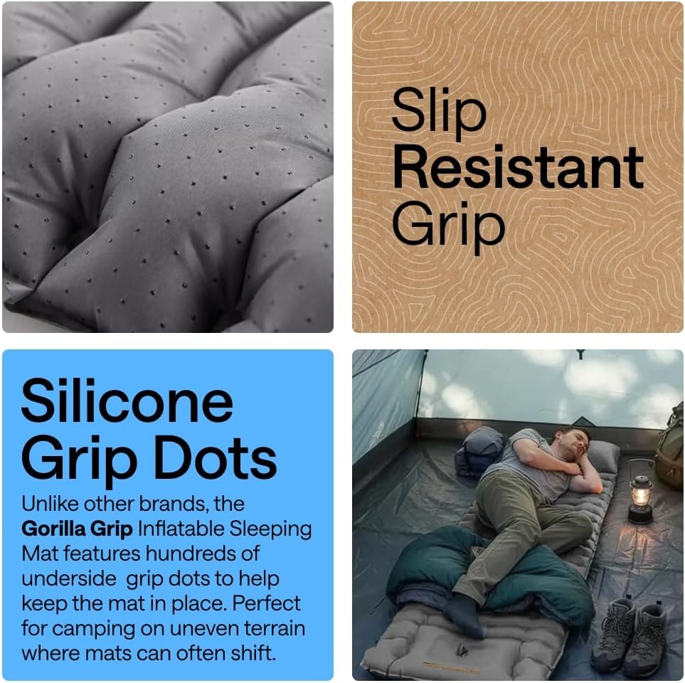 image:imageGORILLA GRIP SlipResistant Inflatable Sleeping Pad with Grip Dots Foot Pump Puncture Resistant Lightweight Camping Mattress Air Mats Travel Backpacking Inflating Bed Camp Sleep Pads Hunter GreenGray