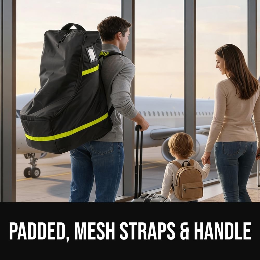 image:imageGORILLA GRIP Tear and Water Resistant Padded Car Seat Travel Bag for Airplane and Airport Universal Fit Baby Carseat Bags Holds Up to 50lbs Handle amp Shoulder Straps Air Gate Check Carrier BlackYellow