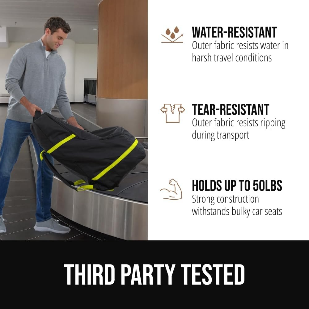 image:imageGORILLA GRIP Tear and Water Resistant Padded Car Seat Travel Bag for Airplane and Airport Universal Fit Baby Carseat Bags Holds Up to 50lbs Handle amp Shoulder Straps Air Gate Check Carrier BlackYellow