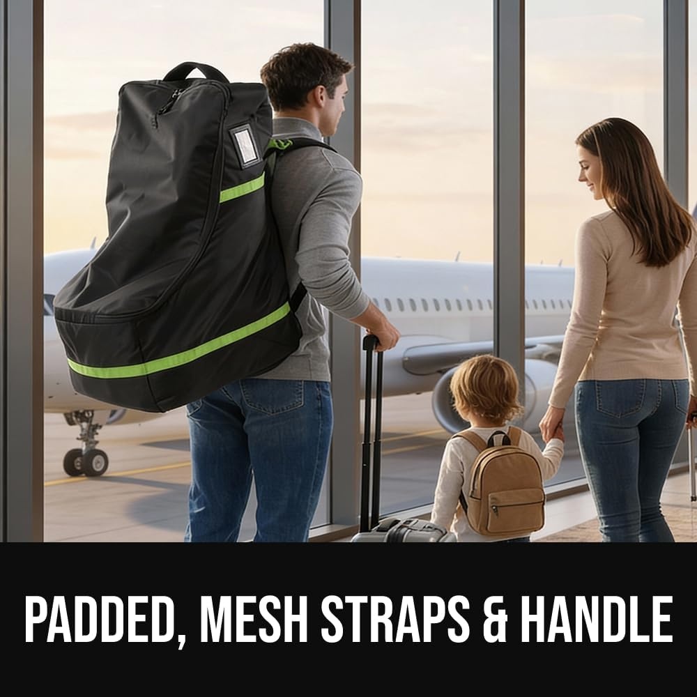 image:imageGORILLA GRIP Tear and Water Resistant Padded Car Seat Travel Bag for Airplane and Airport Universal Fit Baby Carseat Bags Holds Up to 50lbs Handle amp Shoulder Straps Air Gate Check Carrier BlackGreen