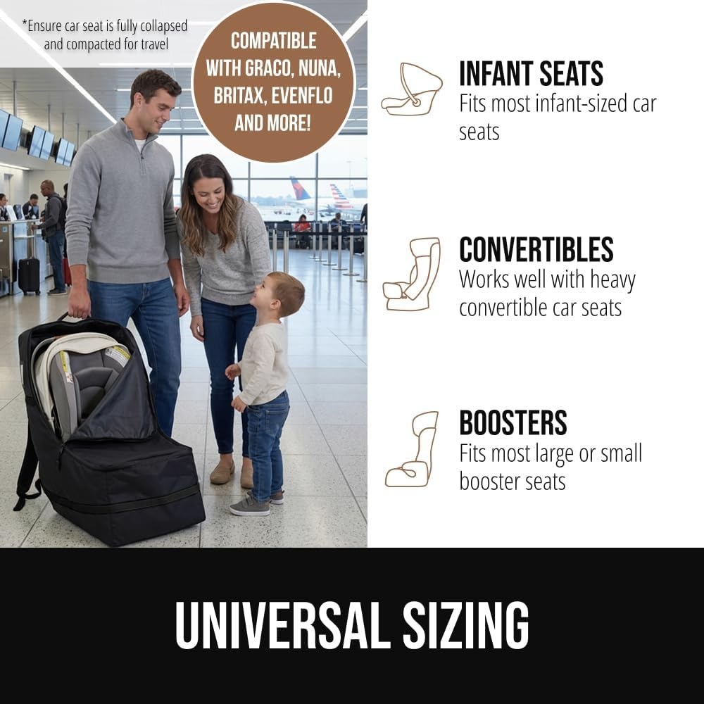 image:imageGORILLA GRIP Tear and Water Resistant Padded Car Seat Travel Bag for Airplane and Airport Universal Fit Baby Carseat Bags Holds Up to 50lbs Handle amp Shoulder Straps Air Gate Check Carrier BlackBlack