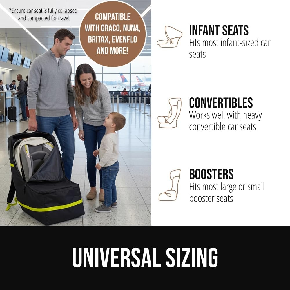 image:imageGORILLA GRIP Tear and Water Resistant Padded Car Seat Travel Bag for Airplane and Airport Universal Fit Baby Carseat Bags Holds Up to 50lbs Handle amp Shoulder Straps Air Gate Check Carrier BlackYellow