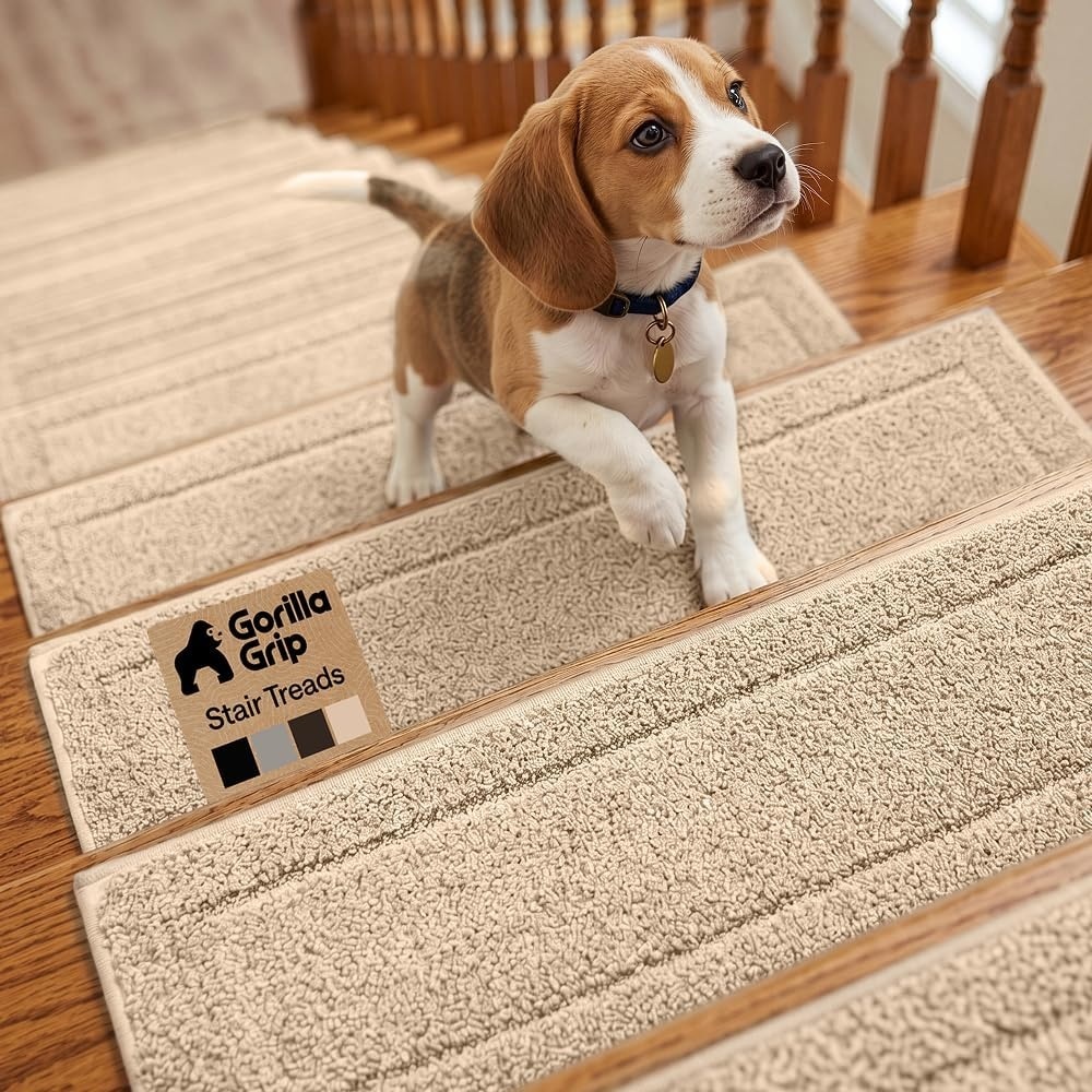 image:imageGORILLA GRIP Peel and Stick Stair Treads for Wooden Steps MultiSurface Use Machine Washable Carpet Runners Indoor Rugs for Stairs Pet Friendly Universal Size 15 Pack Beige 8x28 InchesBeige