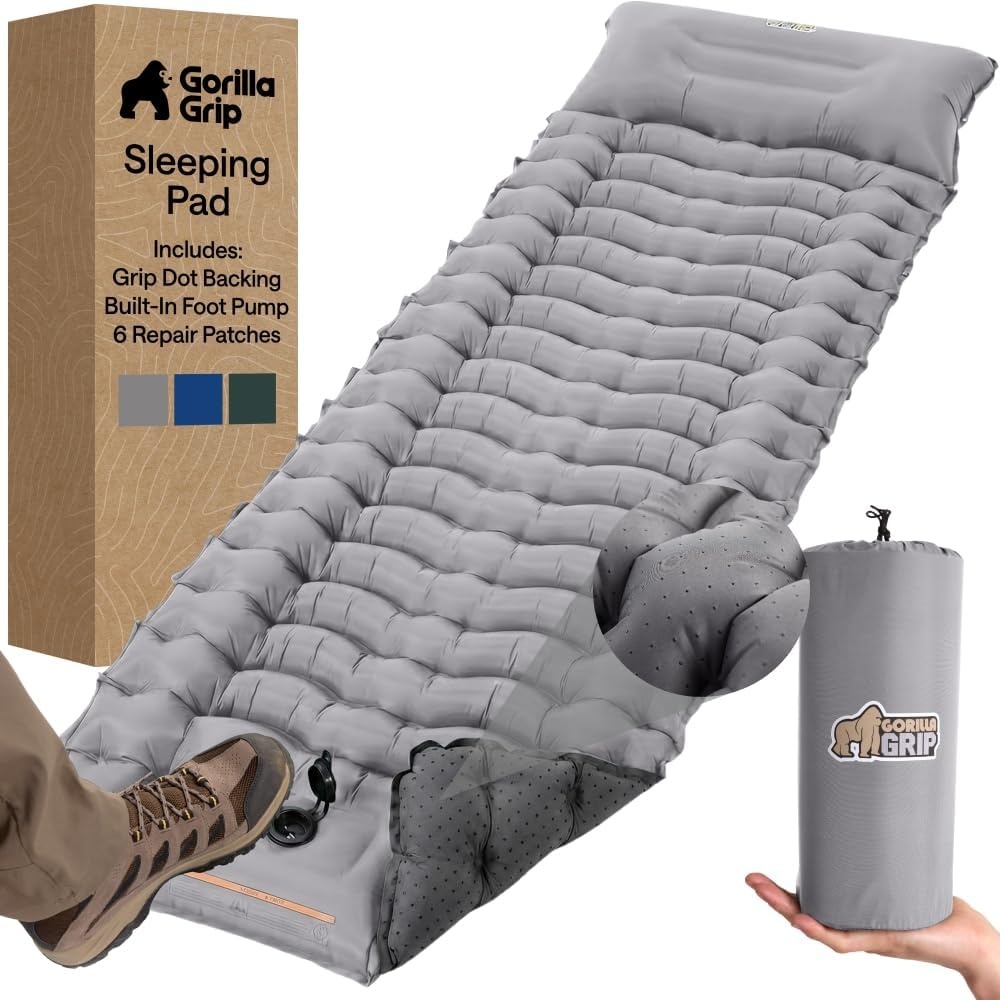 image:imageGORILLA GRIP SlipResistant Inflatable Sleeping Pad with Grip Dots Foot Pump Puncture Resistant Lightweight Camping Mattress Air Mats Travel Backpacking Inflating Bed Camp Sleep Pads Hunter GreenGray