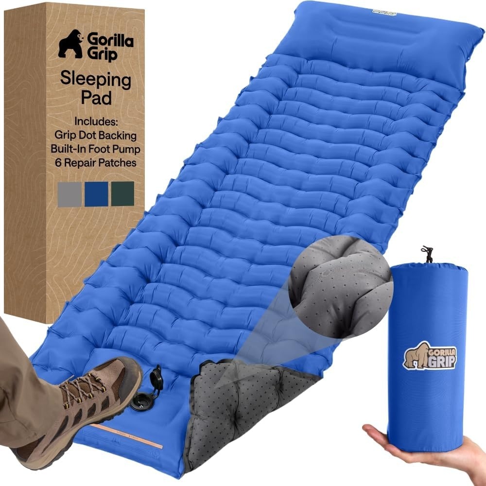 image:imageGORILLA GRIP SlipResistant Inflatable Sleeping Pad with Grip Dots Foot Pump Puncture Resistant Lightweight Camping Mattress Air Mats Travel Backpacking Inflating Bed Camp Sleep Pads Hunter GreenBlue