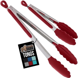 image:imageGORILLA GRIP Stainless Steel Heat Resistant Kitchen Tongs for Cooking Set of 2 BBQ Tong Non Scratch Silicone Tip for Pans Strong Grip Grab Food Toss Salad Air Fryer Pull Lock 7  9 Inch GrayRed