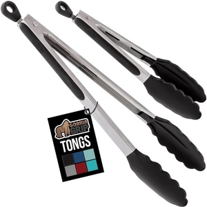image:imageGORILLA GRIP Stainless Steel Heat Resistant Kitchen Tongs for Cooking Set of 2 BBQ Tong Non Scratch Silicone Tip for Pans Strong Grip Grab Food Toss Salad Air Fryer Pull Lock 7  9 Inch GrayBlack