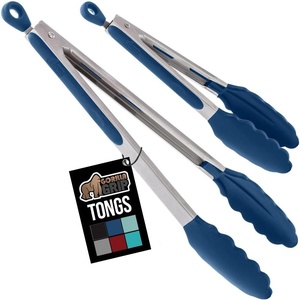 image:imageGORILLA GRIP Stainless Steel Heat Resistant Kitchen Tongs for Cooking Set of 2 BBQ Tong Non Scratch Silicone Tip for Pans Strong Grip Grab Food Toss Salad Air Fryer Pull Lock 7  9 Inch GrayBlue
