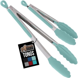 image:imageGORILLA GRIP Stainless Steel Heat Resistant Kitchen Tongs for Cooking Set of 2 BBQ Tong Non Scratch Silicone Tip for Pans Strong Grip Grab Food Toss Salad Air Fryer Pull Lock 7  9 Inch GrayMint