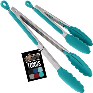 image:imageGORILLA GRIP Stainless Steel Heat Resistant Kitchen Tongs for Cooking Set of 2 BBQ Tong Non Scratch Silicone Tip for Pans Strong Grip Grab Food Toss Salad Air Fryer Pull Lock 7  9 Inch GrayTurquoise