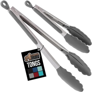 image:imageGORILLA GRIP Stainless Steel Heat Resistant Kitchen Tongs for Cooking Set of 2 BBQ Tong Non Scratch Silicone Tip for Pans Strong Grip Grab Food Toss Salad Air Fryer Pull Lock 7  9 Inch GrayGray