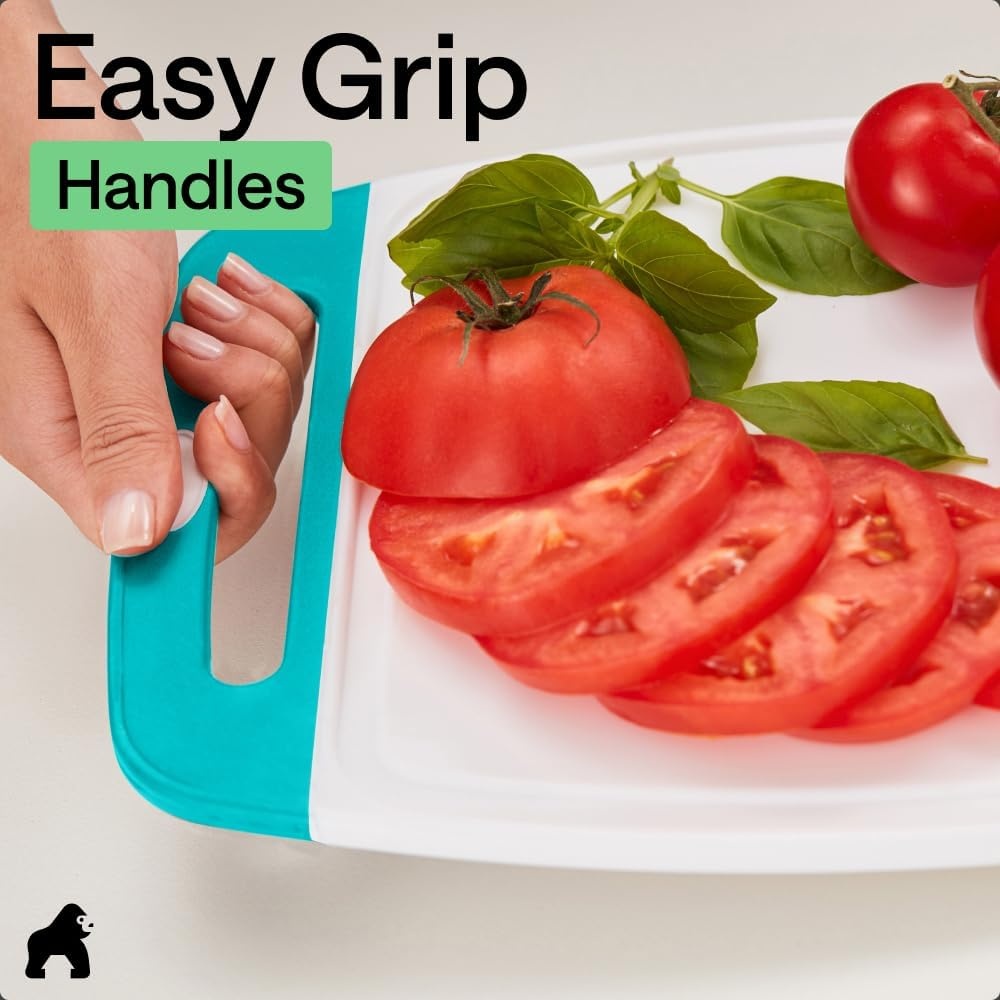 image:imageGORILLA GRIP BPAFree Reversible Kitchen Cutting Board Set of 3 US Designed Nonporous Juice Grooves Catch Liquid Slip Resistant Border Dishwasher Safe Durable Large Food Chopping Boards BlackTurquoiseWhite