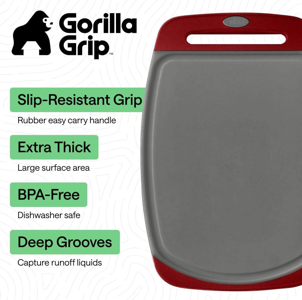 image:imageGORILLA GRIP BPAFree Reversible Kitchen Cutting Board Set of 3 US Designed Nonporous Juice Grooves Catch Liquid Slip Resistant Border Dishwasher Safe Durable Large Food Chopping Boards BlackGrayRed