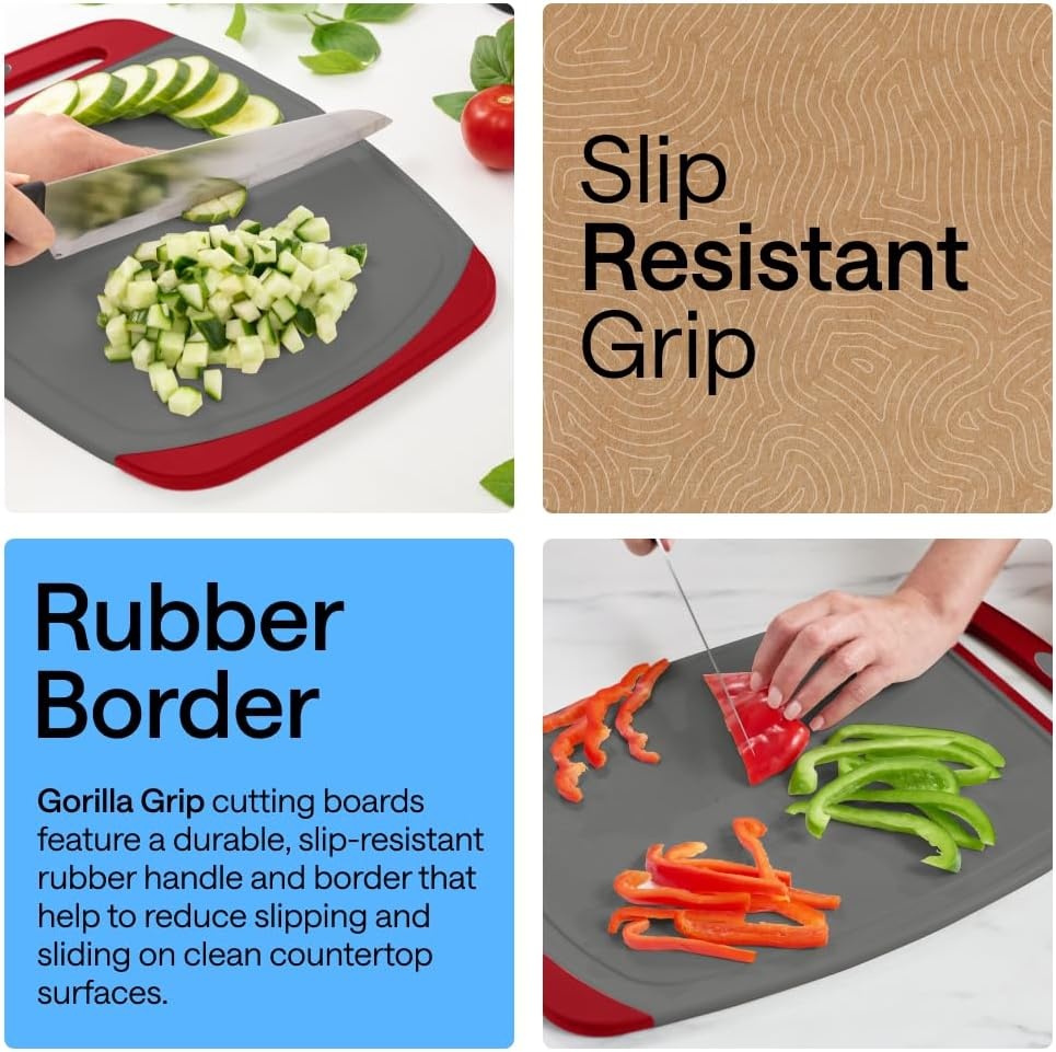 image:imageGORILLA GRIP BPAFree Reversible Kitchen Cutting Board Set of 3 US Designed Nonporous Juice Grooves Catch Liquid Slip Resistant Border Dishwasher Safe Durable Large Food Chopping Boards BlackGrayRed