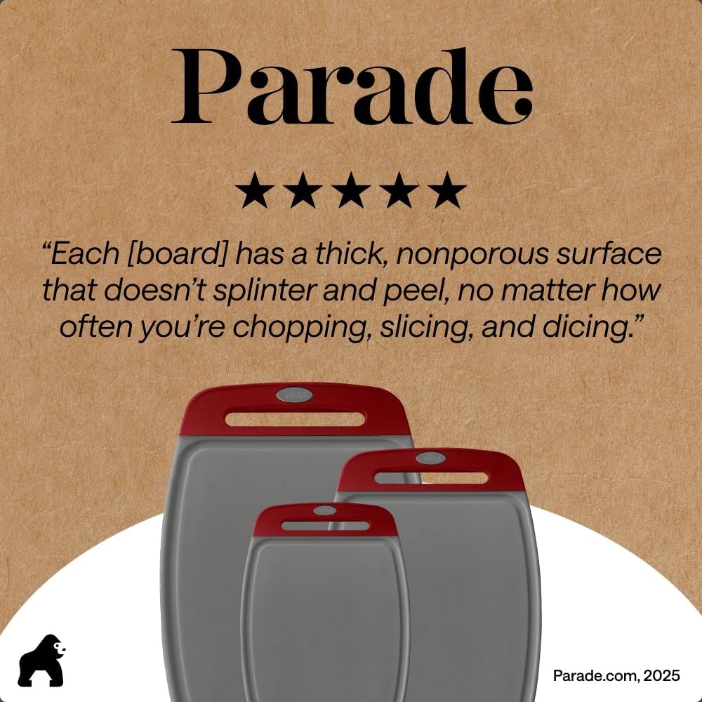 image:imageGORILLA GRIP BPAFree Reversible Kitchen Cutting Board Set of 3 US Designed Nonporous Juice Grooves Catch Liquid Slip Resistant Border Dishwasher Safe Durable Large Food Chopping Boards BlackGrayRed