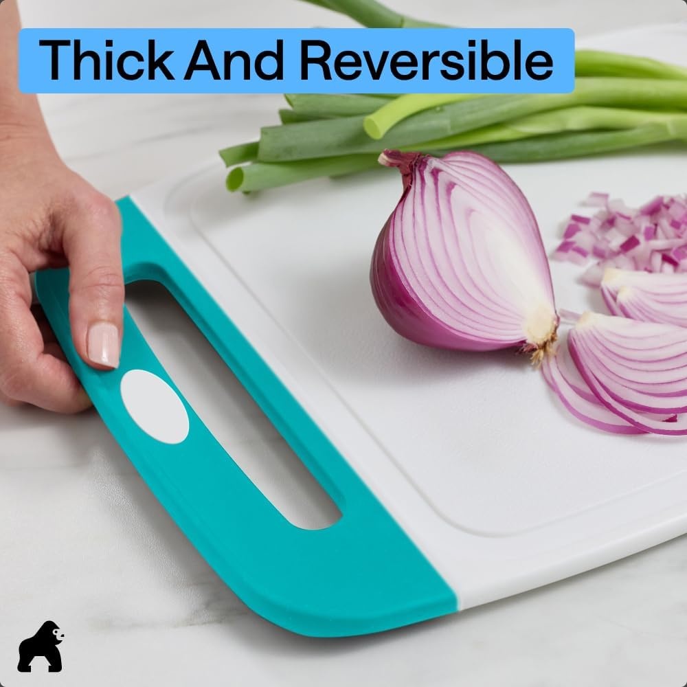 image:imageGORILLA GRIP BPAFree Reversible Kitchen Cutting Board Set of 3 US Designed Nonporous Juice Grooves Catch Liquid Slip Resistant Border Dishwasher Safe Durable Large Food Chopping Boards BlackTurquoiseWhite