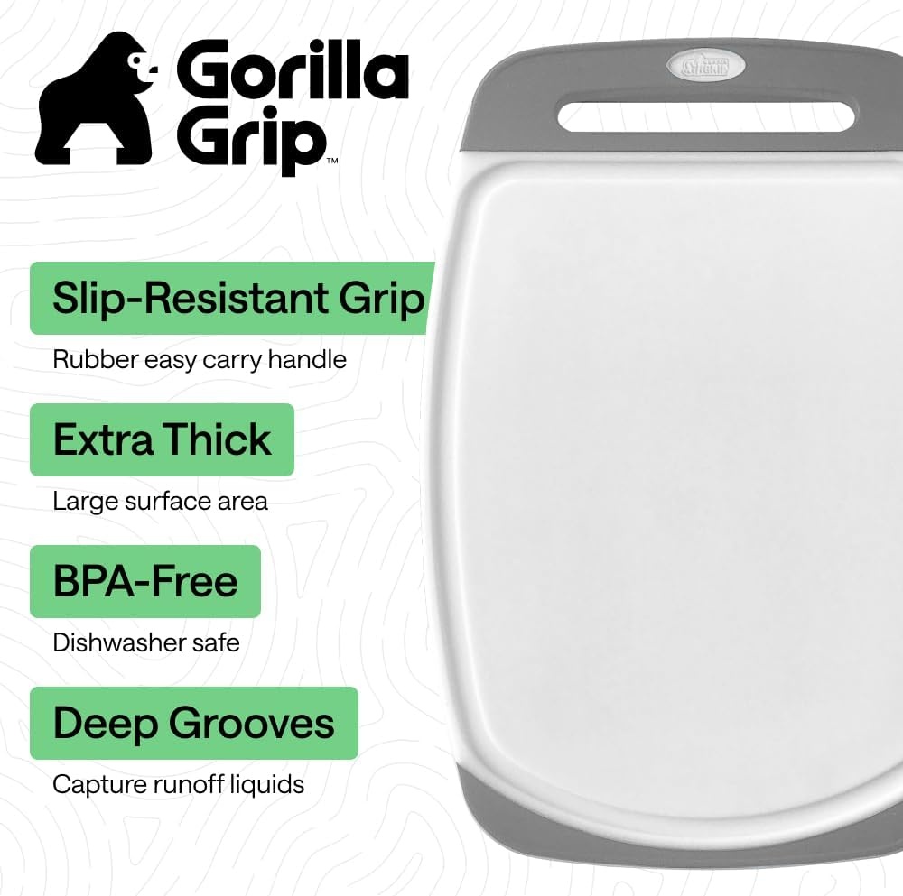 image:imageGORILLA GRIP BPAFree Reversible Kitchen Cutting Board Set of 3 US Designed Nonporous Juice Grooves Catch Liquid Slip Resistant Border Dishwasher Safe Durable Large Food Chopping Boards BlackGrayWhite