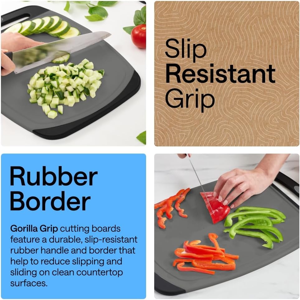 image:imageGORILLA GRIP BPAFree Reversible Kitchen Cutting Board Set of 3 US Designed Nonporous Juice Grooves Catch Liquid Slip Resistant Border Dishwasher Safe Durable Large Food Chopping Boards BlackGrayBlack
