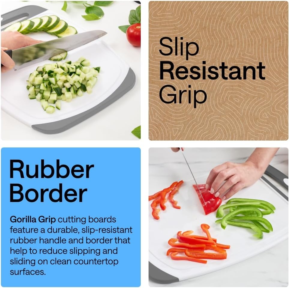 image:imageGORILLA GRIP BPAFree Reversible Kitchen Cutting Board Set of 3 US Designed Nonporous Juice Grooves Catch Liquid Slip Resistant Border Dishwasher Safe Durable Large Food Chopping Boards BlackGrayWhite