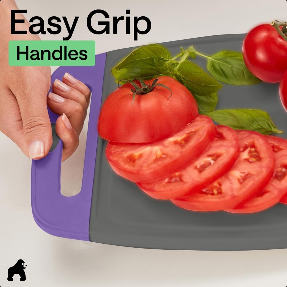 image:imageGORILLA GRIP BPAFree Reversible Kitchen Cutting Board Set of 3 US Designed Nonporous Juice Grooves Catch Liquid Slip Resistant Border Dishwasher Safe Durable Large Food Chopping Boards BlackGrayPurple