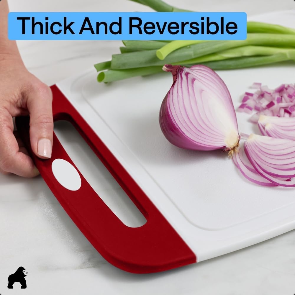 image:imageGORILLA GRIP BPAFree Reversible Kitchen Cutting Board Set of 3 US Designed Nonporous Juice Grooves Catch Liquid Slip Resistant Border Dishwasher Safe Durable Large Food Chopping Boards BlackRedWhite