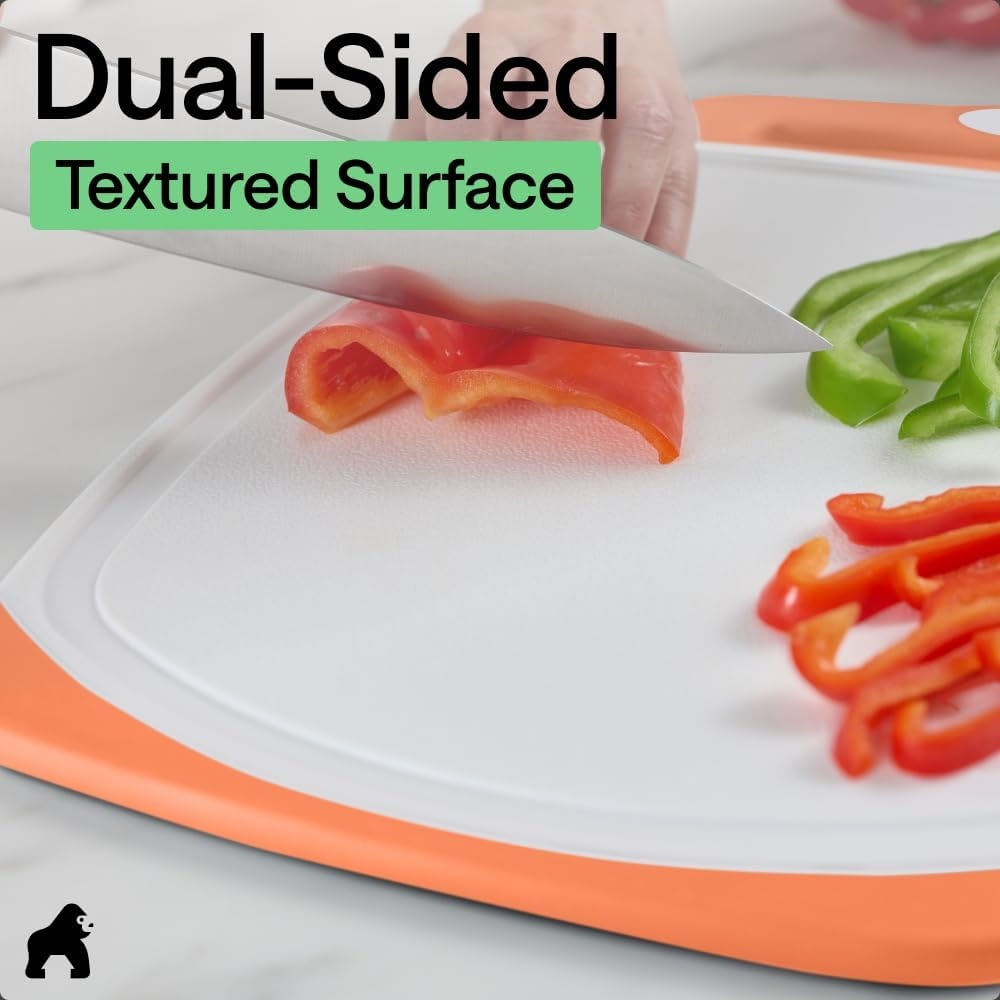 image:imageGORILLA GRIP BPAFree Reversible Kitchen Cutting Board Set of 3 US Designed Nonporous Juice Grooves Catch Liquid Slip Resistant Border Dishwasher Safe Durable Large Food Chopping Boards BlackLimeOrangeLemon