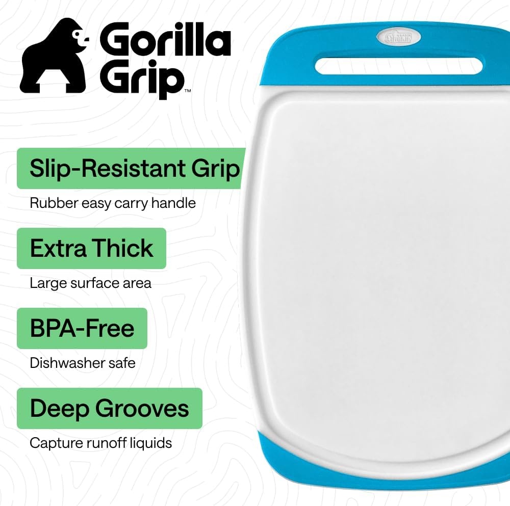 image:imageGORILLA GRIP BPAFree Reversible Kitchen Cutting Board Set of 3 US Designed Nonporous Juice Grooves Catch Liquid Slip Resistant Border Dishwasher Safe Durable Large Food Chopping Boards BlackAquaWhite