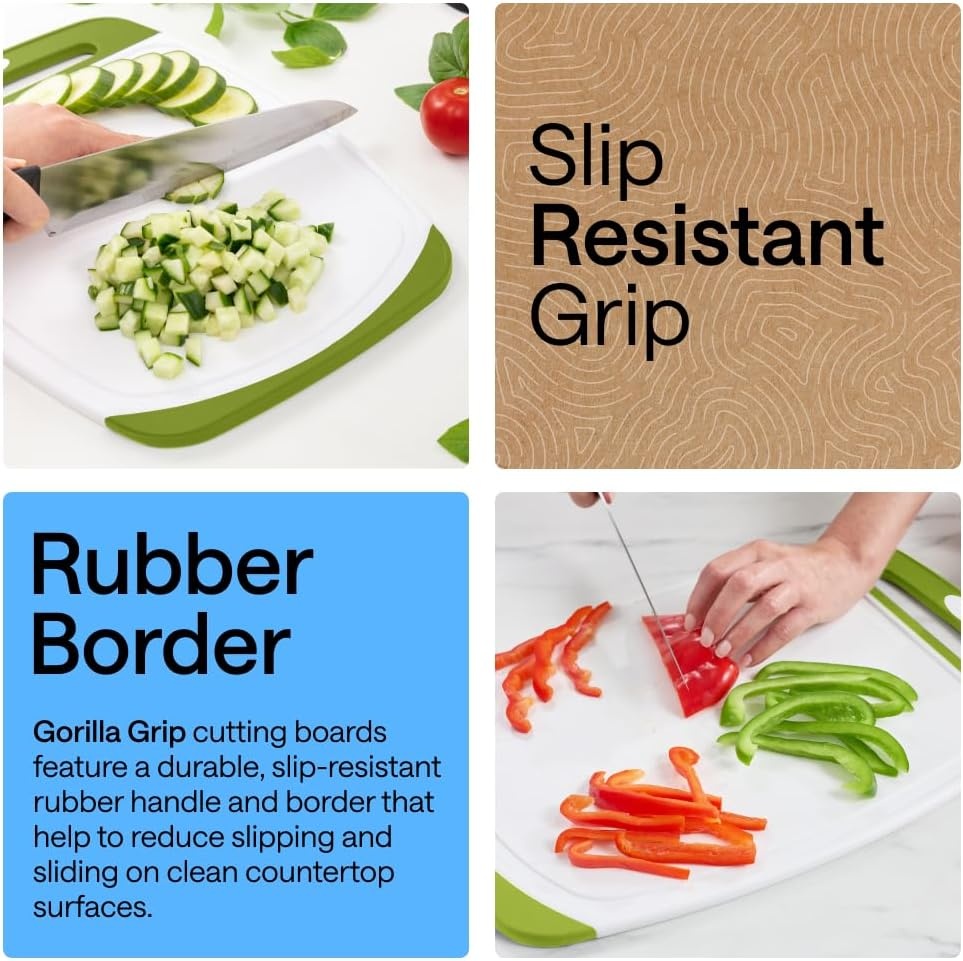 image:imageGORILLA GRIP BPAFree Reversible Kitchen Cutting Board Set of 3 US Designed Nonporous Juice Grooves Catch Liquid Slip Resistant Border Dishwasher Safe Durable Large Food Chopping Boards BlackLimeWhite