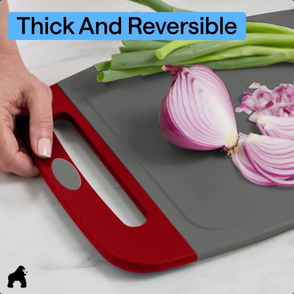 image:imageGORILLA GRIP BPAFree Reversible Kitchen Cutting Board Set of 3 US Designed Nonporous Juice Grooves Catch Liquid Slip Resistant Border Dishwasher Safe Durable Large Food Chopping Boards BlackGrayRed