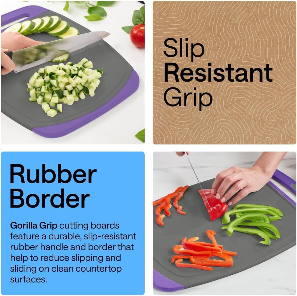 image:imageGORILLA GRIP BPAFree Reversible Kitchen Cutting Board Set of 3 US Designed Nonporous Juice Grooves Catch Liquid Slip Resistant Border Dishwasher Safe Durable Large Food Chopping Boards BlackGrayPurple