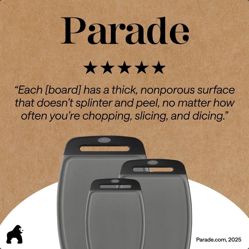 image:imageGORILLA GRIP BPAFree Reversible Kitchen Cutting Board Set of 3 US Designed Nonporous Juice Grooves Catch Liquid Slip Resistant Border Dishwasher Safe Durable Large Food Chopping Boards BlackGrayBlack