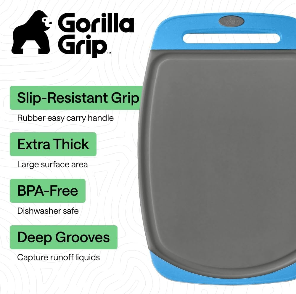 image:imageGORILLA GRIP BPAFree Reversible Kitchen Cutting Board Set of 3 US Designed Nonporous Juice Grooves Catch Liquid Slip Resistant Border Dishwasher Safe Durable Large Food Chopping Boards BlackGrayAqua