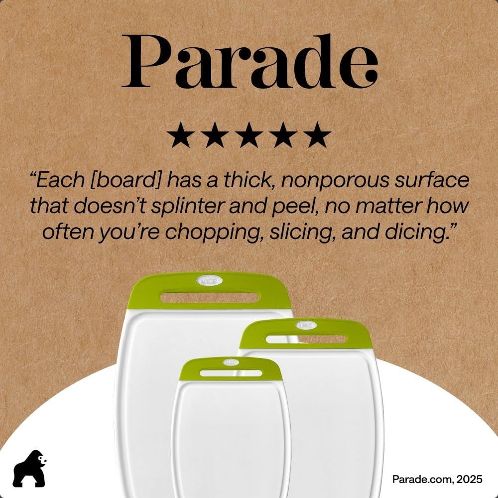 image:imageGORILLA GRIP BPAFree Reversible Kitchen Cutting Board Set of 3 US Designed Nonporous Juice Grooves Catch Liquid Slip Resistant Border Dishwasher Safe Durable Large Food Chopping Boards BlackLimeWhite
