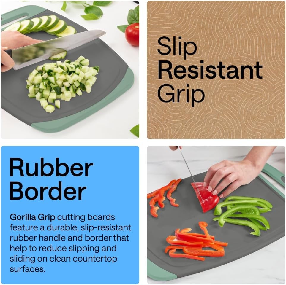 image:imageGORILLA GRIP BPAFree Reversible Kitchen Cutting Board Set of 3 US Designed Nonporous Juice Grooves Catch Liquid Slip Resistant Border Dishwasher Safe Durable Large Food Chopping Boards BlackGrayMint