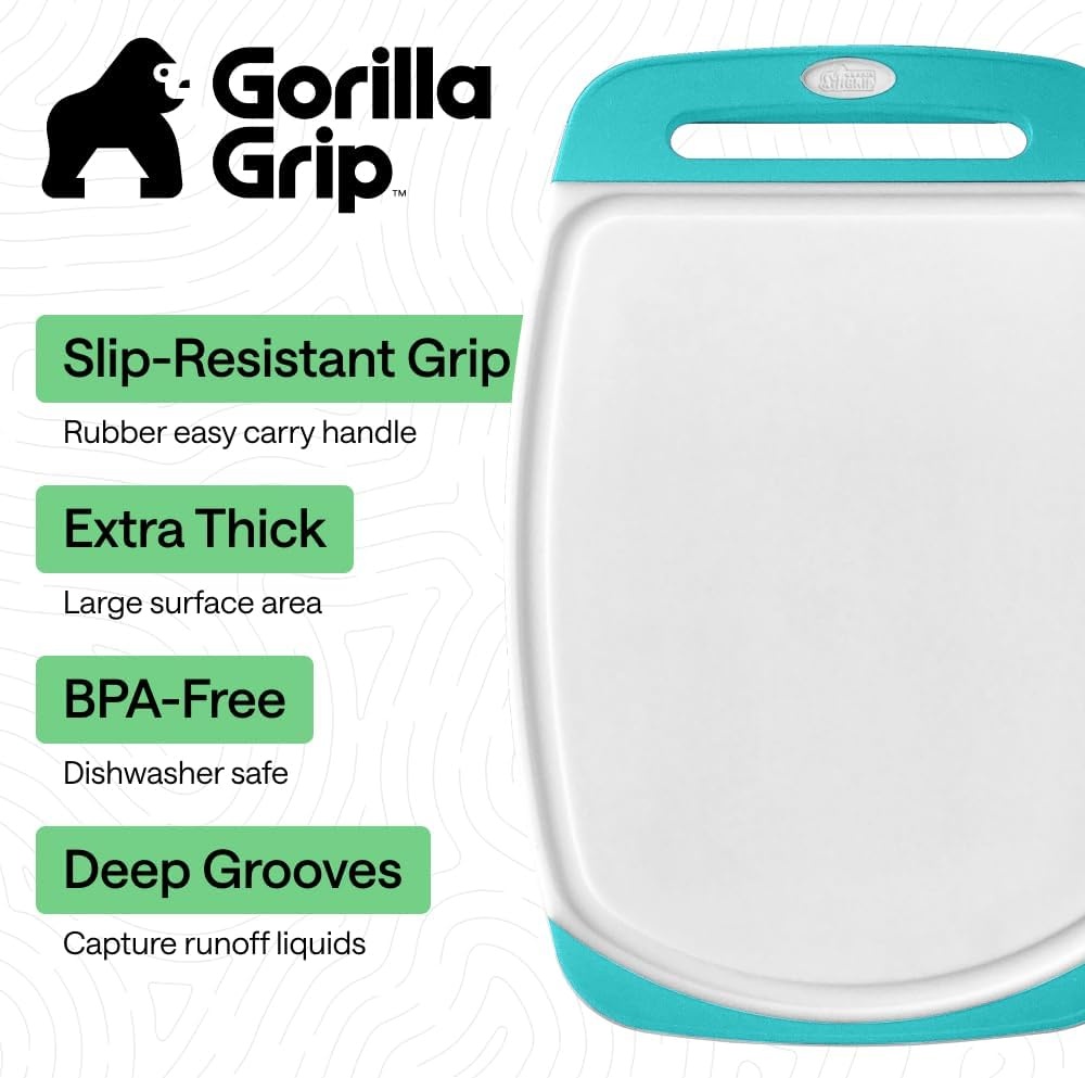 image:imageGORILLA GRIP BPAFree Reversible Kitchen Cutting Board Set of 3 US Designed Nonporous Juice Grooves Catch Liquid Slip Resistant Border Dishwasher Safe Durable Large Food Chopping Boards BlackTurquoiseWhite